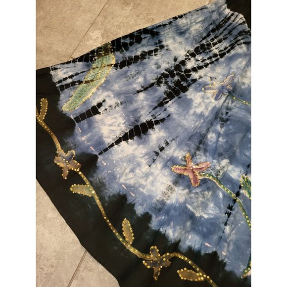 Forbidden Midi A Line Skirt Blue Black Tye Dye Floral Sequins Sz XL Boho Gypsy - Picture 1 of 7